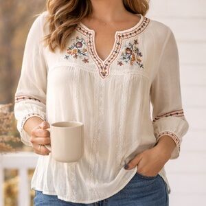 Knox Rose XL Embroidered Boho Peasant Top Cream Rayon